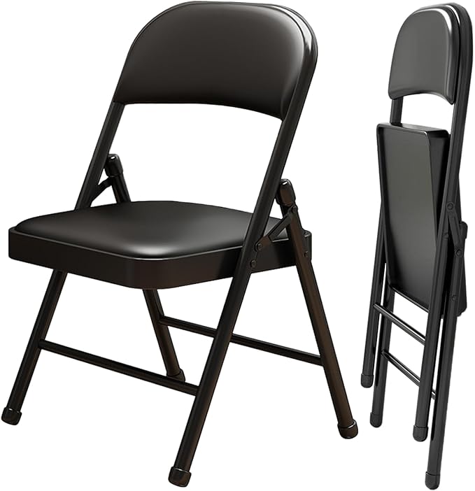 2 Pack Folding Chairs with Leather Padded Cushion and Back, Metal Black by Unknown