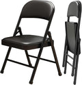 2 Pack Folding Chairs with Leather Padded Cushion and Back, Metal Black by Unknown