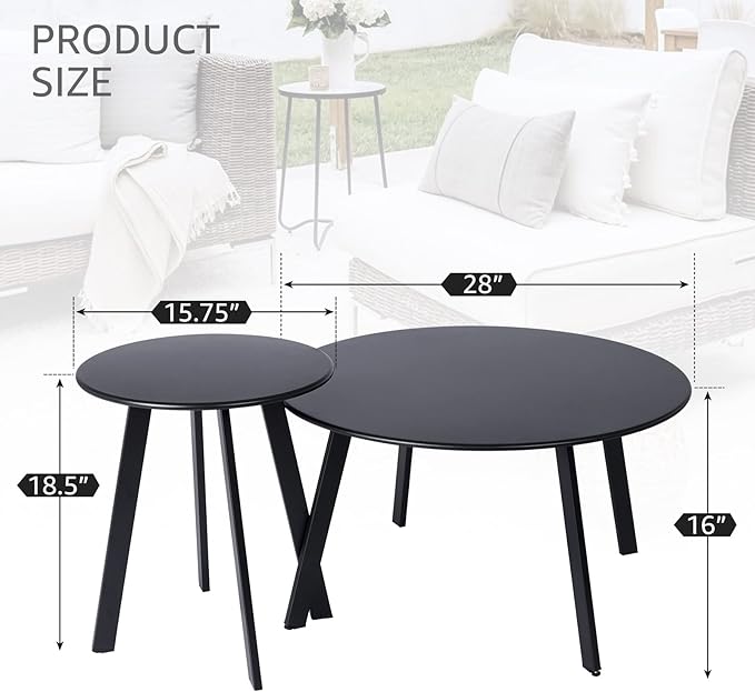 Patio Coffee Table Set of 2, Outdoor Weather Resistant End Table, Round Nesting - Image 3