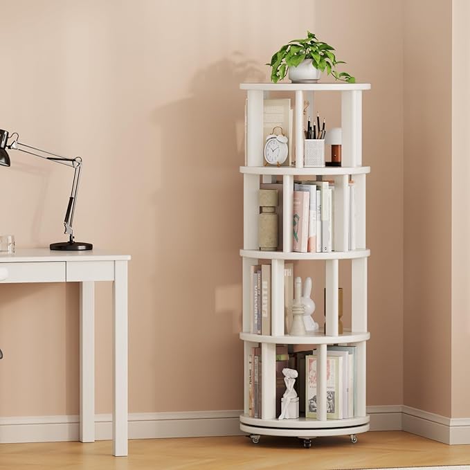 Solid Wood Rotating Bookshelf on Wheels, 4 Tier, Round Revolving Bookcase - Image 9