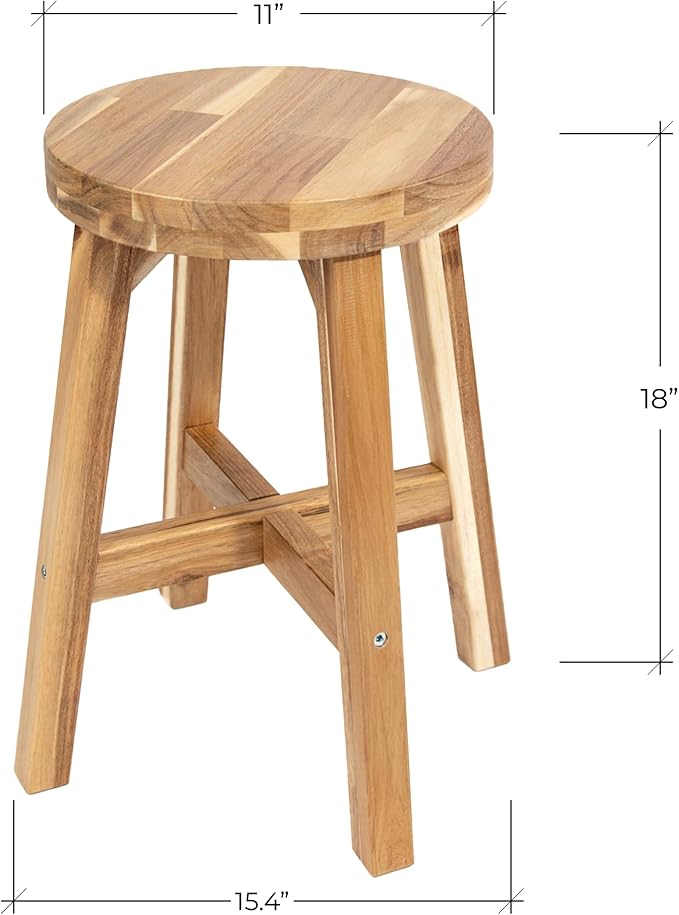 Round Stool Acacia Wood, Easy Assembly, Natural Wax Finish, Wooden Stool - Image 3