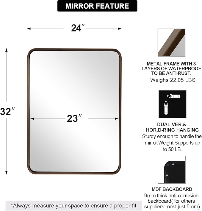 ANDY STAR 24x32 INCH Bronze Bathroom Mirror, Rounded Rectangle Oil Rubbed - Image 2