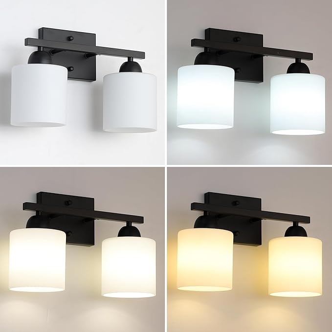 Milk Glass Vanity Lights for Bathroom, 2 Light Matte Black Bathroom Light - Image 3