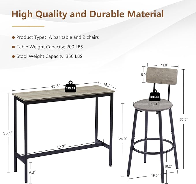 Tatub Bar Table with Stools Set of 2, Industrial 3 Piece Counter Height Small - Image 7