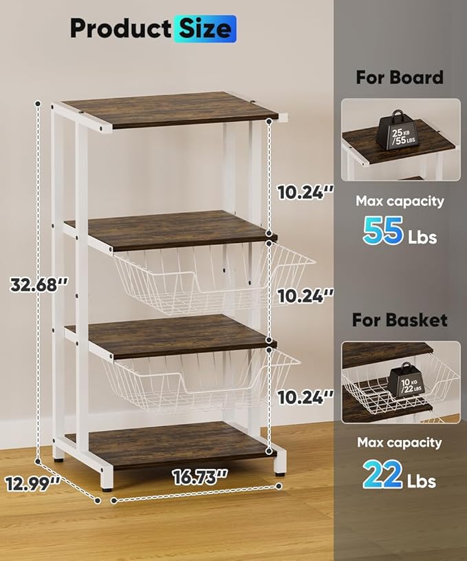 Media Stand with Two Detachable Baskets, 4-Tier AV Media Stand Corner Shelf - Image 4