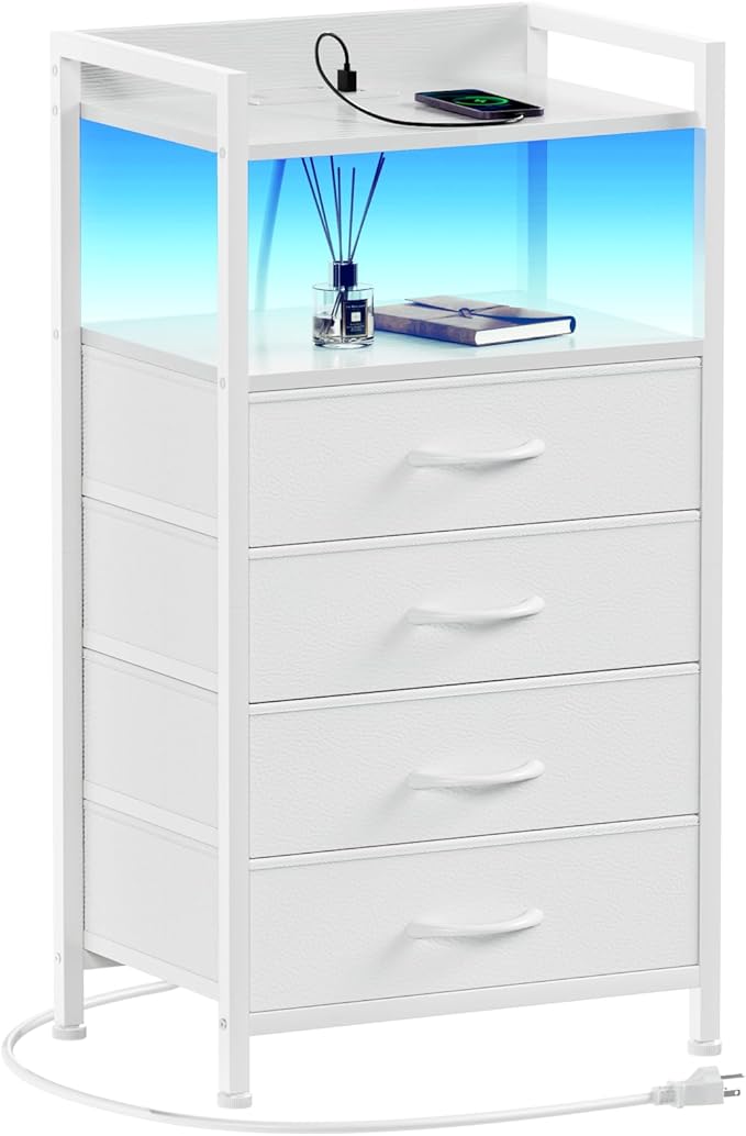 Furnulem White Nightstand with Charging Station, Night Stand Side Table with by Furnulem