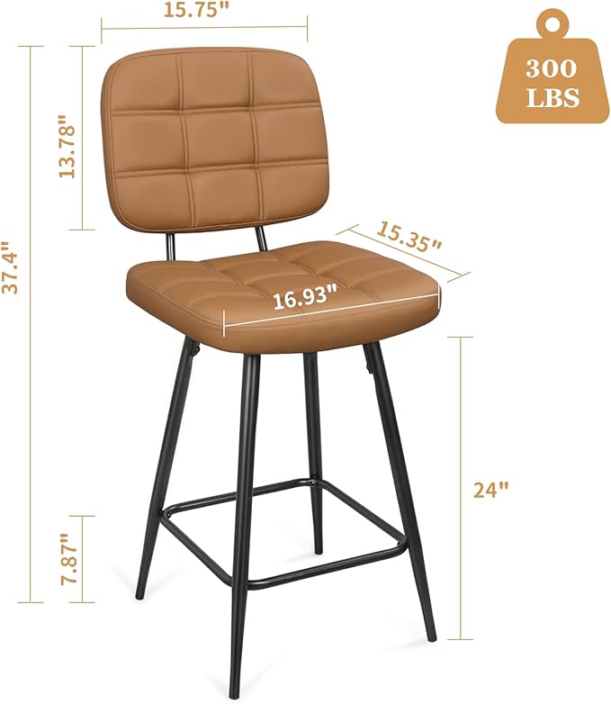 Bar Stools Set of 2, 24 Inch Upholstered Metal Barstool - Image 3