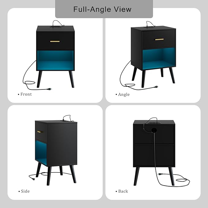 Nightstand with Charging Station and LED Lights, Small Side Table, Bedside - Image 9