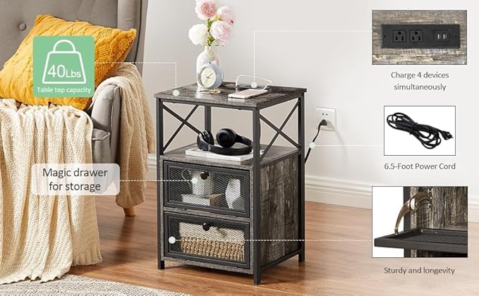VECELO Oak Gray End Table with USB Ports and Outlets, 24 Inch Nightstands with - Image 8