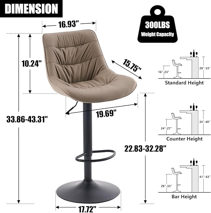 Kidol & Shellder Bar Stools Set of 2 Adjustable Swivel Khaki, PU Leather - Image 2