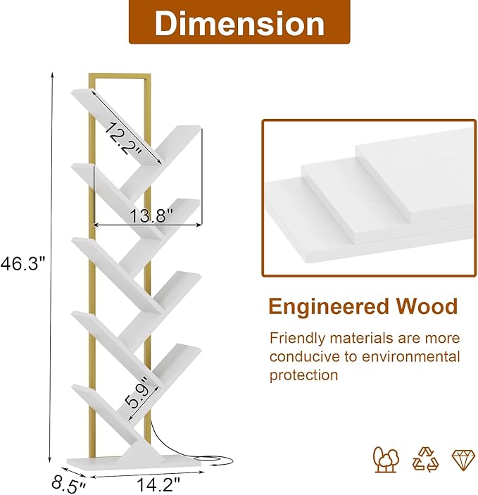 Tree Book Shelf with LED Lights, 9 Tier Floor Standing Bookcase, Classical - Image 2
