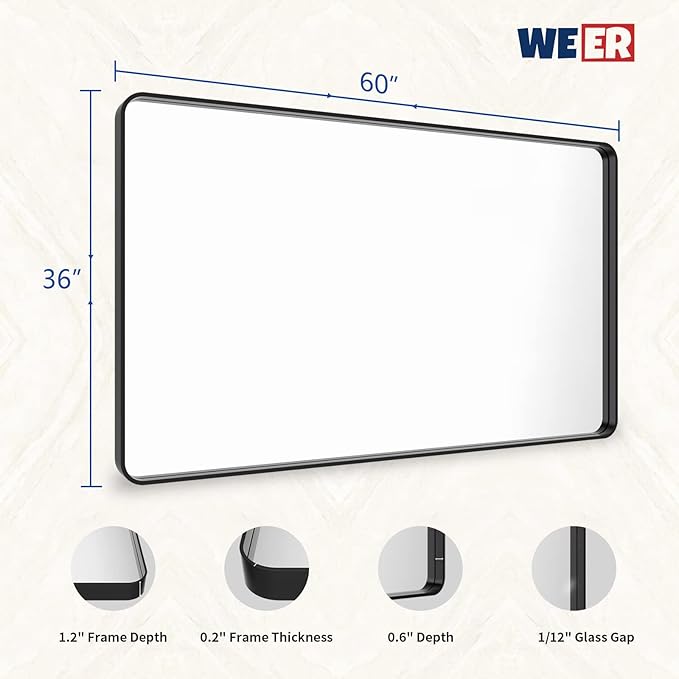 WEER Black Metal Framed Mirror, 60X36 Inch Rectangular Matte Black Wall Mirror - Image 6