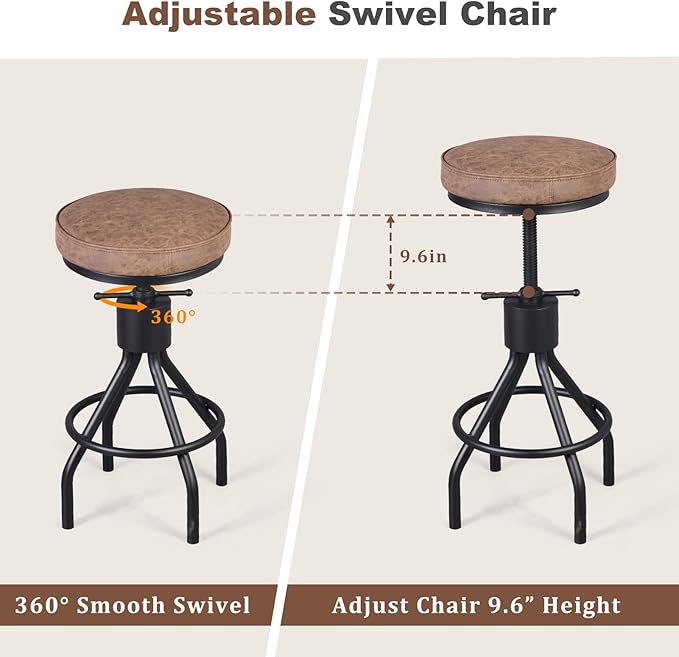 Set of 2-Vintage Bar Stool Swivel PU Leather Seat Kitchen Island Workbench - Image 4
