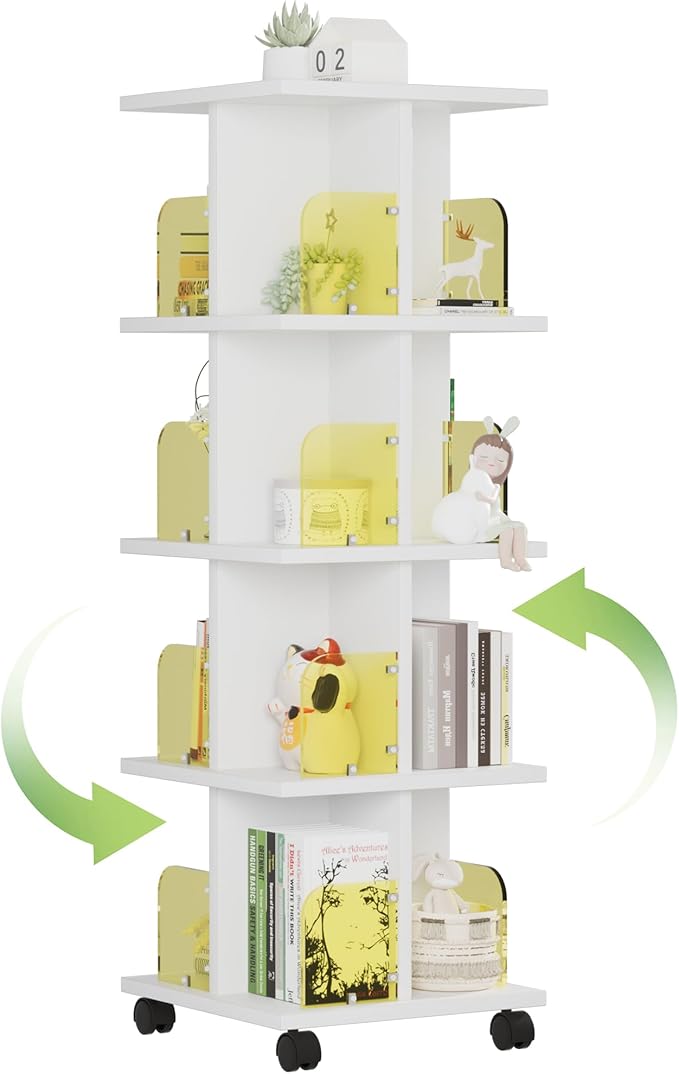 VECELO 4-Tier Rotating Bookshelf on Wheels, Revolving Bookcase Tower, Mobile by VECELO