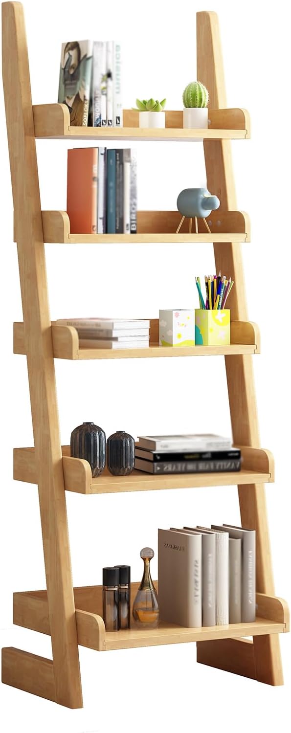 5-Tier Ladder Bookshelf, H 55" Leaning Bookshelf Storage Rack Organizer - Image 7