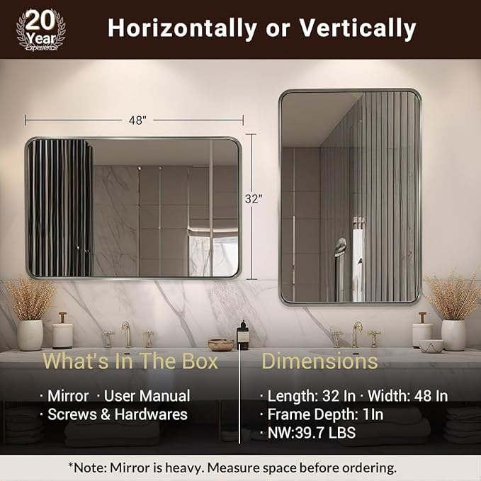 ANDY STAR 48x32 Inch Brushed Nickel Bathroom Mirror, Rounded Rectangle Bathroom - Image 2