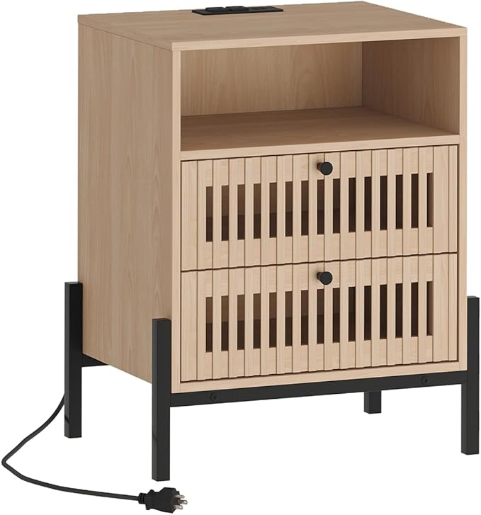 Vabches Nightstand with Charging Station and USB Ports, Industrial Style Fluted - Image 9