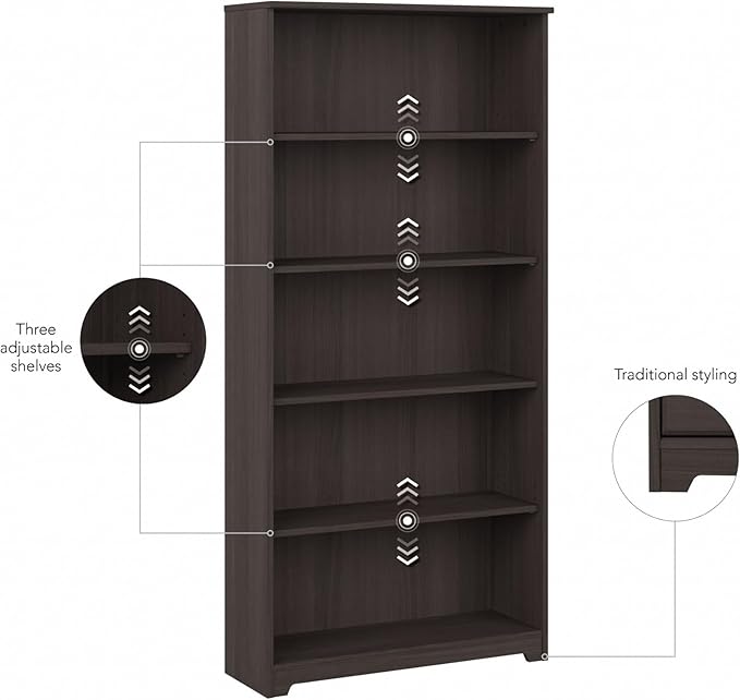 Bush Furniture Cabot Tall 5 Shelf Bookcase | Large Open Bookshelf in Heather - Image 6