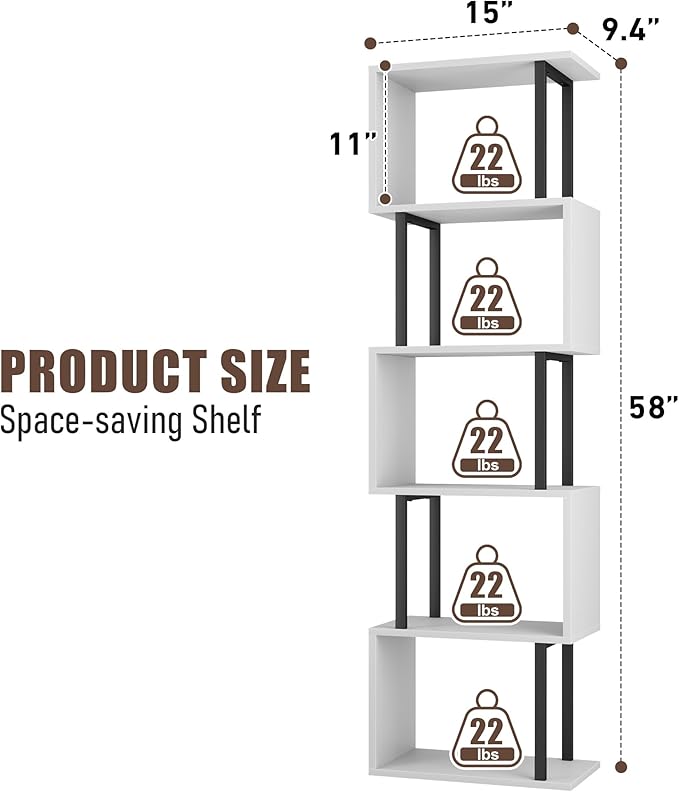 Gadroad 5-Tier Bookshelf, Narrow S-Shaped Geometric Bookcase, Wood Decorative - Image 3