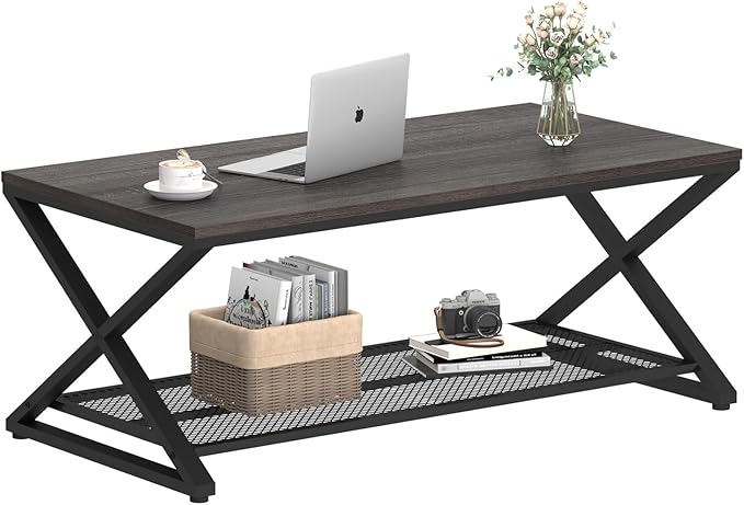 LVB Industrial Grey Coffee Table, 2 Tier Wood Metal Living Room Table, Wooden - Image 7