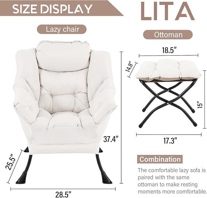LITA Lazy Chair with Ottoman, Modern Accent Leisure Upholstered Sofa, - Image 3