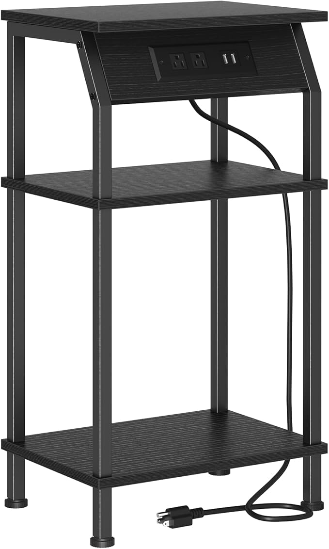 Tall End Table with Storage, 3-Tier Small Bedside Table with Charging Station by Cresohom