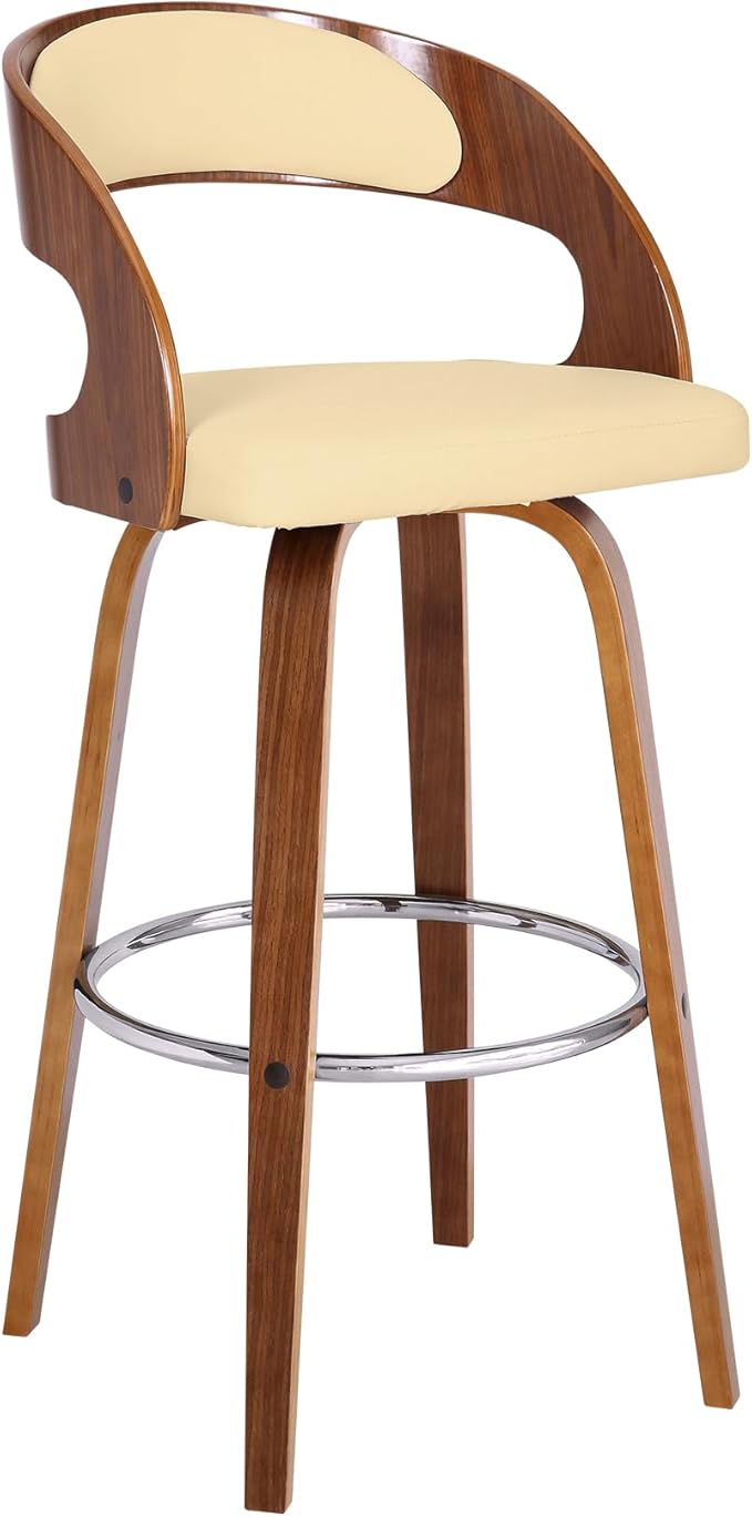 Armen Living Shelly 30" Bar Height Swivel Cream Faux Leather and Walnut Wood by ArmenLiving