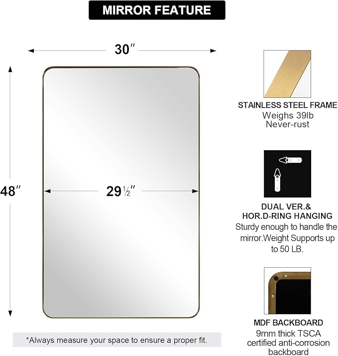 ANDY STAR 30"x48" Brass Gold Bathroom Mirror, Large Wall Mirror - Image 3