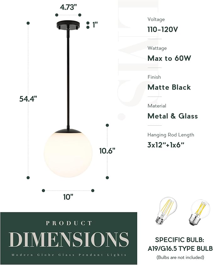 LMS 10 Inch Globe Pendant Lights, Matte Black Mid Century Kitchen Island Light - Image 4