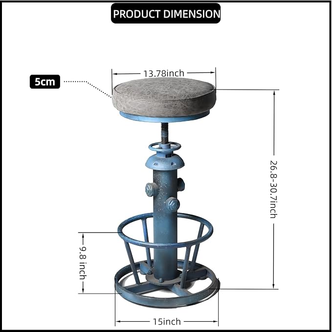 Industrial Bar Stool with Cushioned PU Seat 24.8-30.3inch Height Adjustable - Image 3
