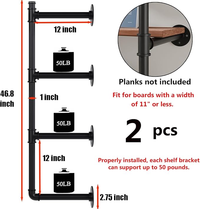 Industrial Pipe Shelf Brackets Wall Mount, Open Black Pipe Shelving - Image 3