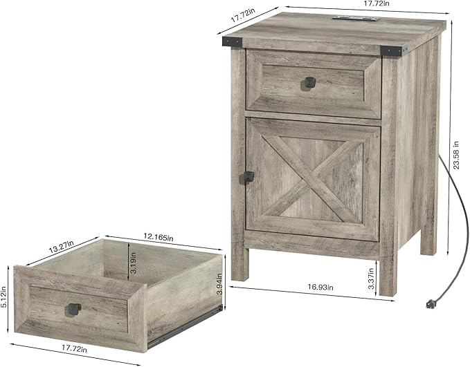 Rustic Nightstand with Charging Station, Night Stand with Barn Door and Drawer - Image 2