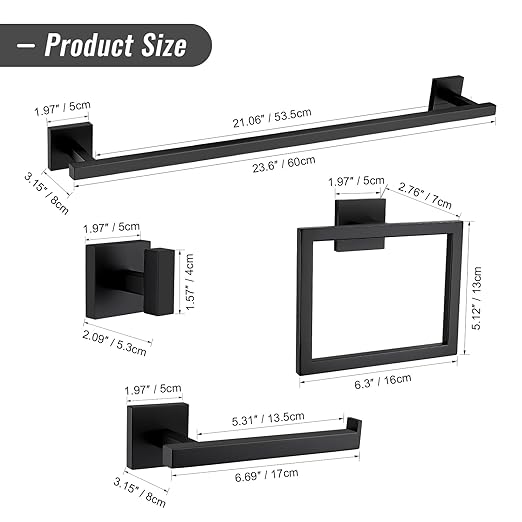 YACVCL Black Towel Bar Set 5-Piece Bathroom Hardware Accessories Set, SUS304 - Image 6