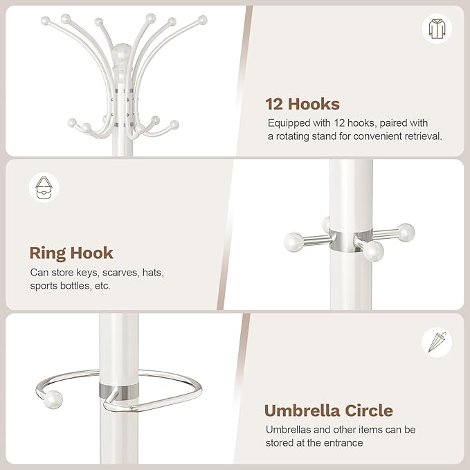 Coat Rack Freestanding with Marble Base, Heavy Duty Clothes Tree with Hooks and - Image 5