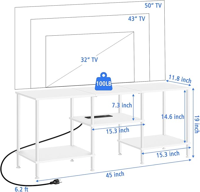BTY White TV Stand with Storage, Wood Entertainment Center with Power Outlet - Image 2