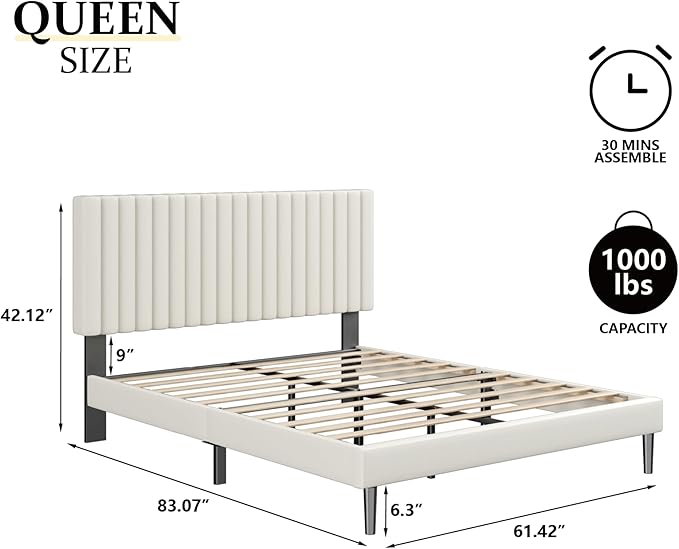 Queen Size Bed Frame with Velvet Upholstered Headboard, Platform Bed with - Image 2