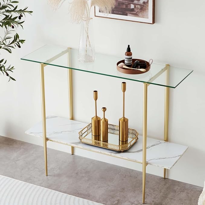 Glass Console Table for Living Room, Foyer & Entrance, 2-Tiers Mid-Century by LumFurn