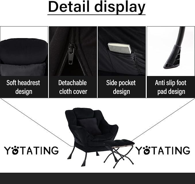 Lazy Chair with Ottoman, Comfy Reading Lounge Chair with Footstool & Throw - Image 4