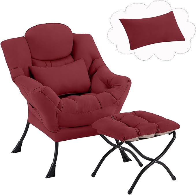 Lazy Chair with Ottoman, Comfy Fabric Accent Lounge Armchair with Lumbar Pillow by Furlide