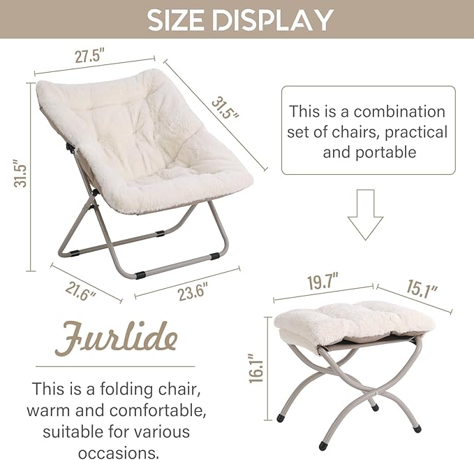 Saucer Chair with Ottoman, Oversized Dorm Chairs, X-Large Faux Fur Folding Chair - Image 2