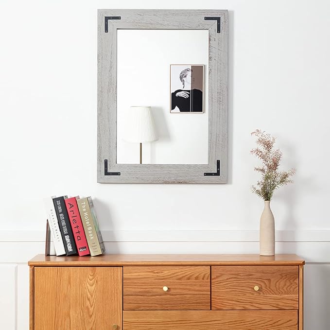 YOSHOOT Rustic Wooden Framed Wall Mirror, Natural Wood Bathroom Vanity Mirror - Image 4