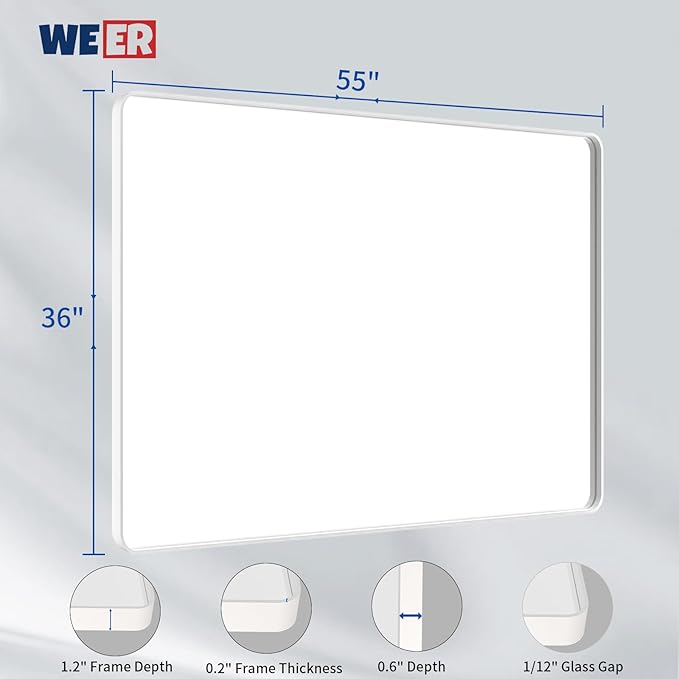 WEER White Bathroom Mirror 55X36 Inch, Rounded Rectangle White Metal Frame - Image 6