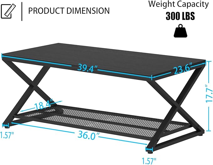LVB Black Coffee Table, Metal Wood 2 Tier Center Tables - Image 3