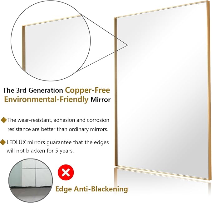 36x48 Inch Gold Bathroom Mirror, Copper-Free Aluminum Alloy Frame Vanity Mirror - Image 2