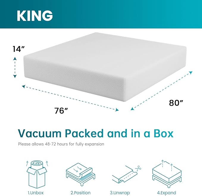 FDW | 14 Inch King Mattress | Medium Firm | Gel Memory Foam Mattress | White | - Image 2
