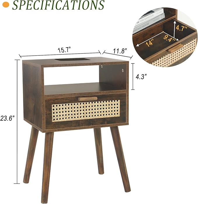 MaxSmeo Small Nightstand with Charging Station, Rattan Side Table Mid Century - Image 3