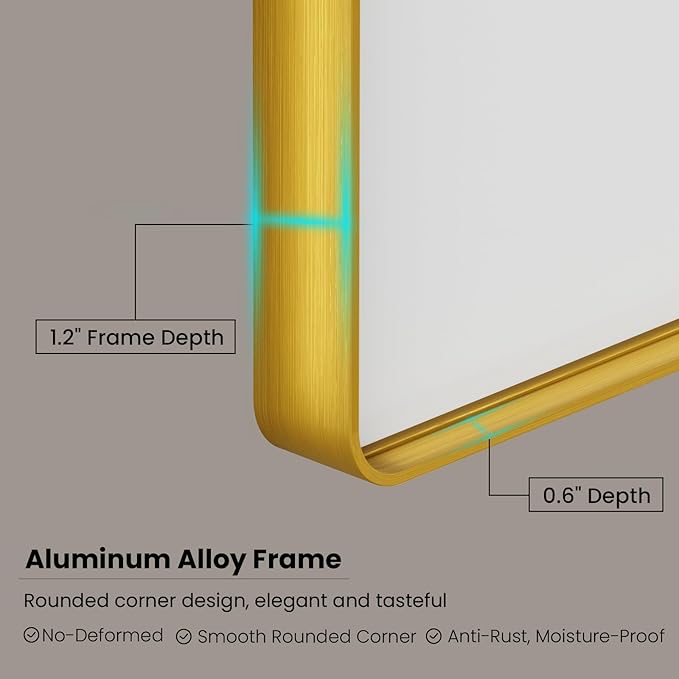 Gold Bathroom Mirror, 72x36 Inch Brushed Gold Metal Frame Mirror - Image 3
