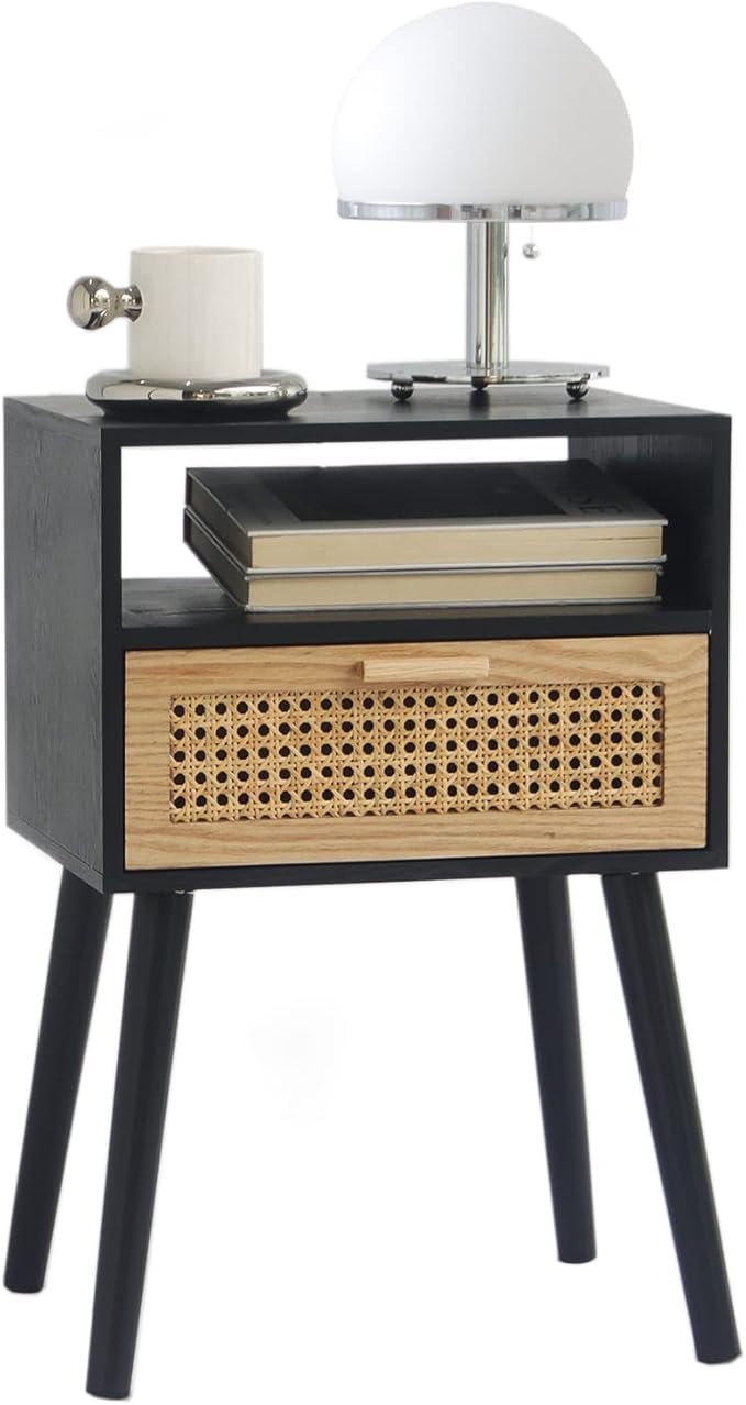 MaxSmeo End Table with Storage Mid Century Nightstand with Rattan Drawer and by MaxSmeo