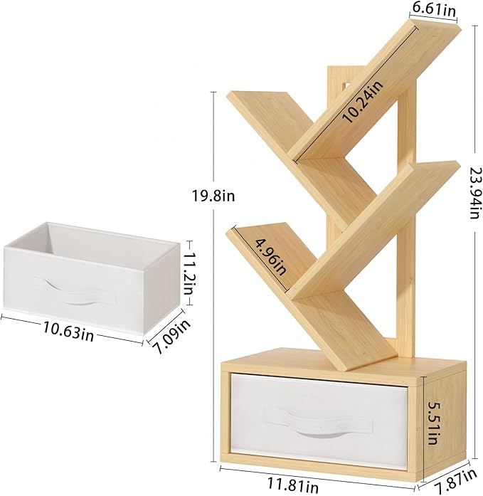 Small Book Shelf with Drawer, 4 Tier Black Tree Bookshelf, Wooden Desktop - Image 3
