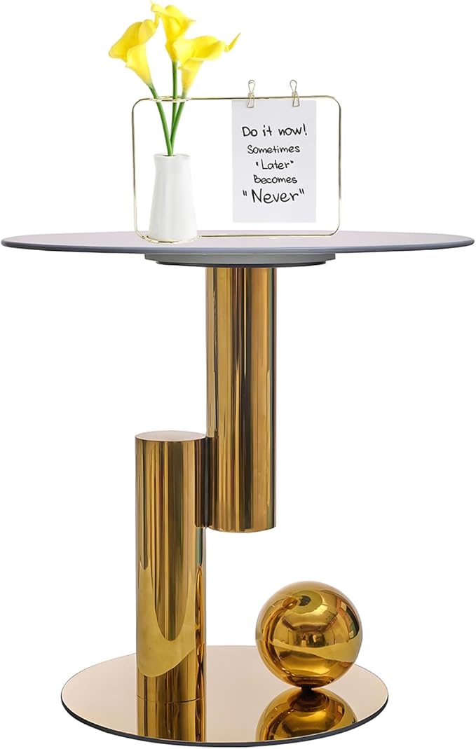 White Gold Round Side Table, 19.7" Faux Marble Sofa End Table, Modern Nightstand by Unknown